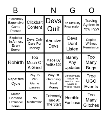 Antikx's Bad Roblox Game Bingo Card
