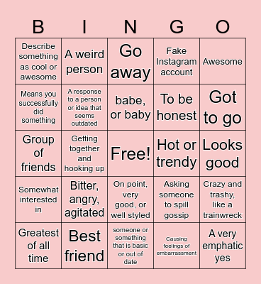TEEN SLANG LINGO BINGO Card