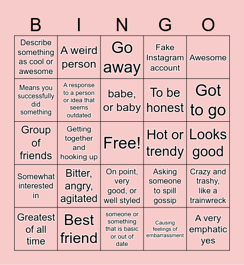 TEEN SLANG LINGO BINGO Card