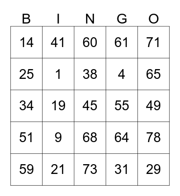 Number Bingo Card