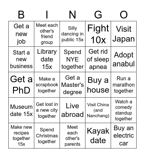 Our Bucketlist Bingo Card