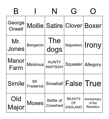 Animal Farm Bingo Card