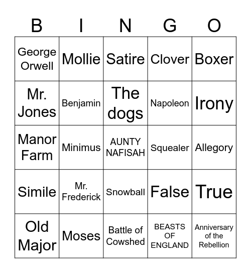 Animal Farm Bingo Card