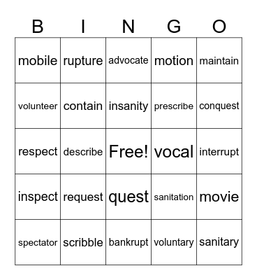 Latin Roots Bingo Card
