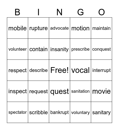 Latin Roots Bingo Card