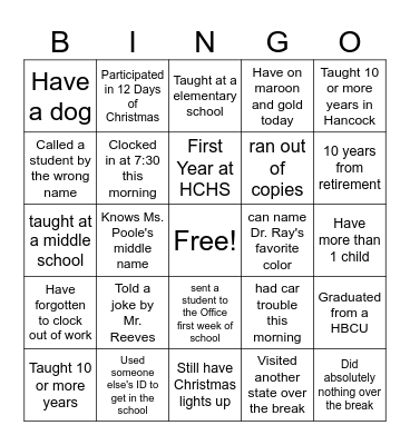 Hancock Central Bingo Card