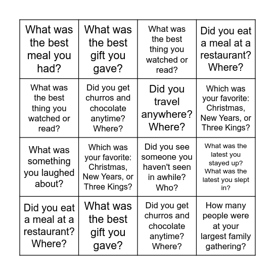 What happened over winter break? Bingo Card