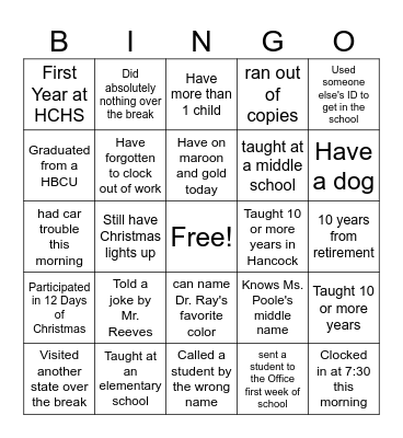 Hancock Central Bingo Card