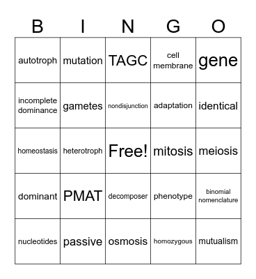 Biology End Of Year Bingo Card