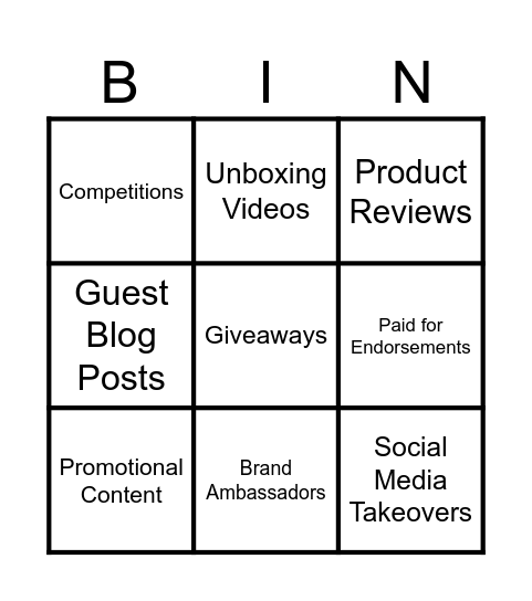 Influencer Marketing Campaign Bingo Card
