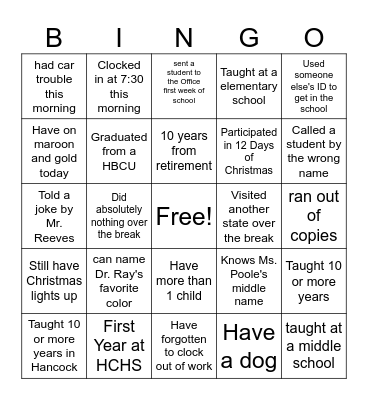 Hancock Central Bingo Card