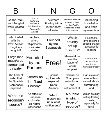 U.S. History Year-To-Date Bingo Card