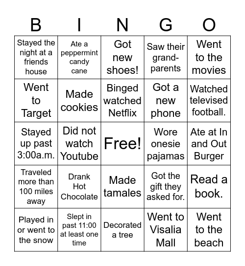 Welcome Back from Winter Break Bingo Card