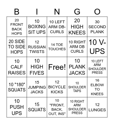 Fitness Bingo Card