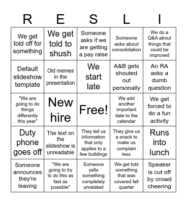 winter training bingo Card