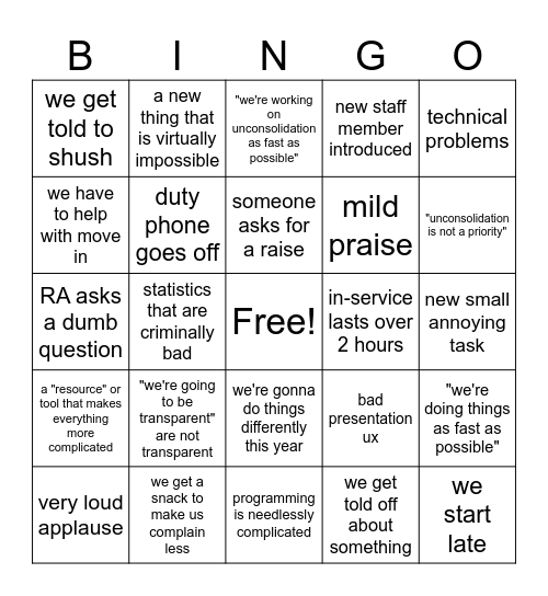 Res Life bingo Card