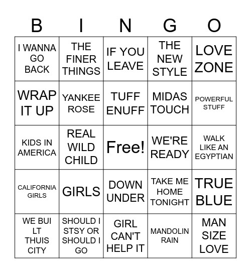 #3-80'S HITS Bingo Card