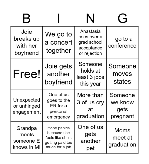 Anastasia's 2024 Bingo Card