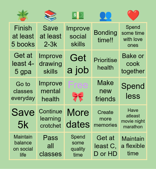 Schen’s 2024 goals Bingo Card