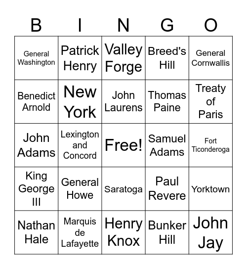 The Revolution! Bingo Card