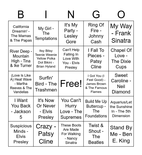 1960's Bingo Card