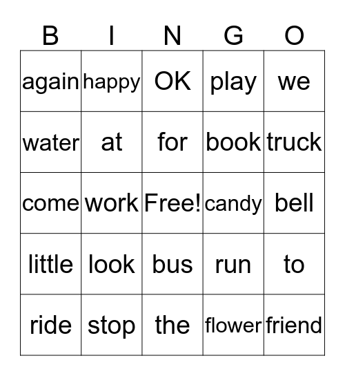 Sight Word Bingo Card