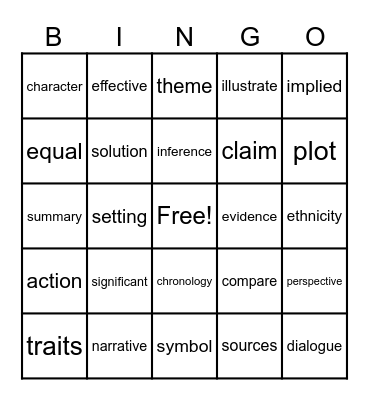 Reading and ELA Vocabulary Bingo Card