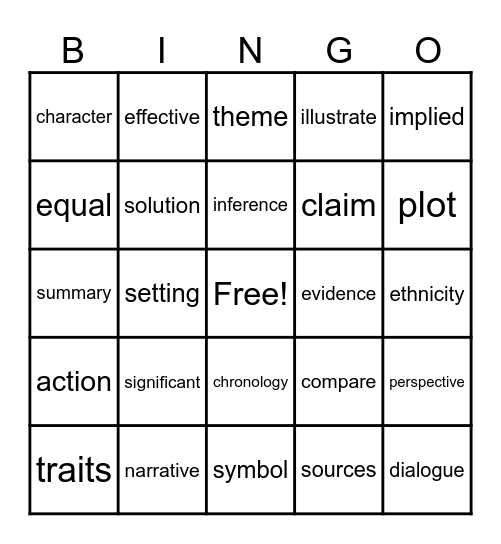 Reading and ELA Vocabulary Bingo Card