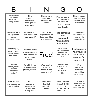 Biology (Back to School Expectation and Content Review) Bingo Card