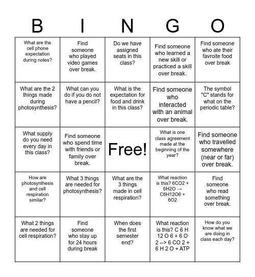 Biology (Back to School Expectation and Content Review) Bingo Card