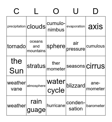 Weather, Clouds, and Water Cycle Bingo Card