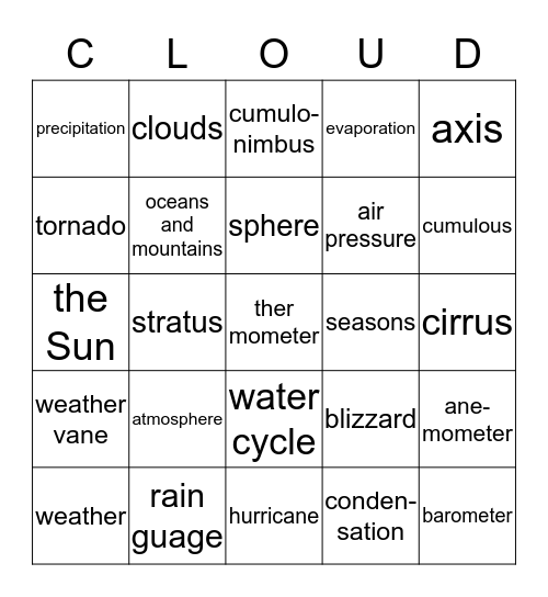 Weather, Clouds, and Water Cycle Bingo Card