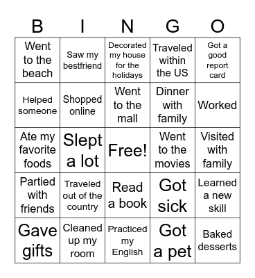 Winter Recess Bingo Card