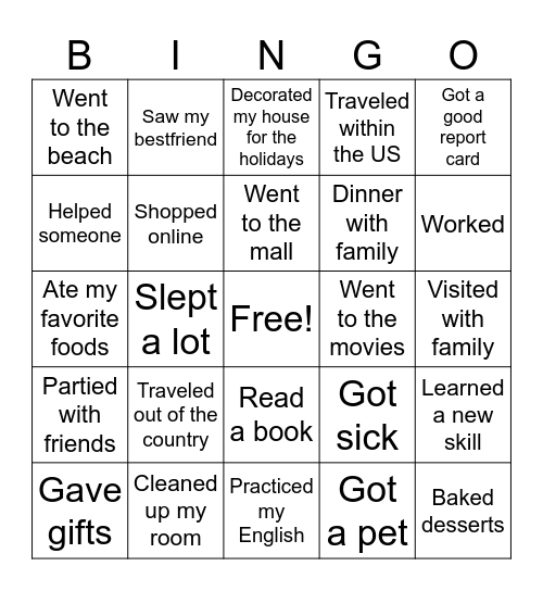 Winter Recess Bingo Card