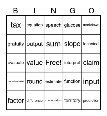 Math and Other Subject Vocabulary Bingo Card
