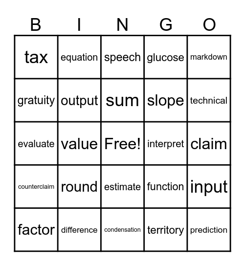 Math and Other Subject Vocabulary Bingo Card