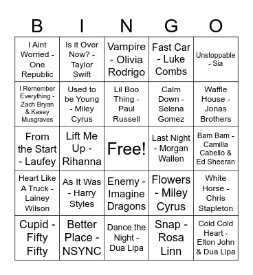 Top Songs of 2023 Bingo Card