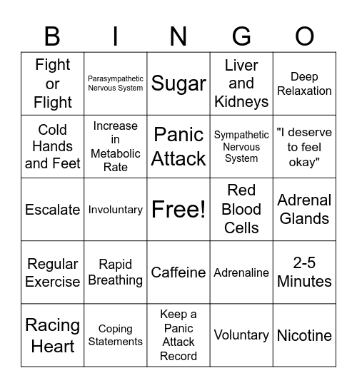 Panic Attack Bingo Card