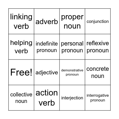 Parts of Speech Bingo Card