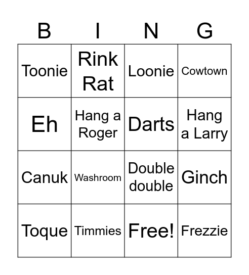 Canadian Slang Bingo Card