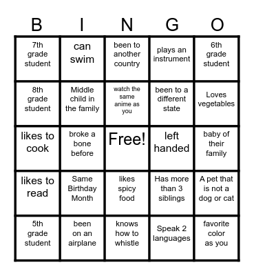Get to know You - Bingo Card