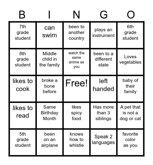 Get to know You - Bingo Card