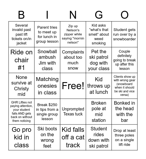 ski instructor bingo Card