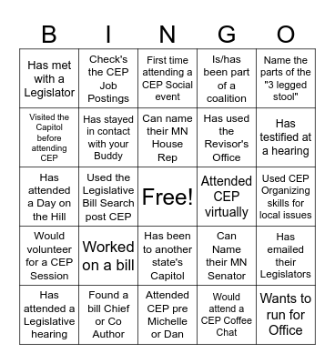 CEP Bingo! Write the person's initials on the square, can only use the same person twice Bingo Card