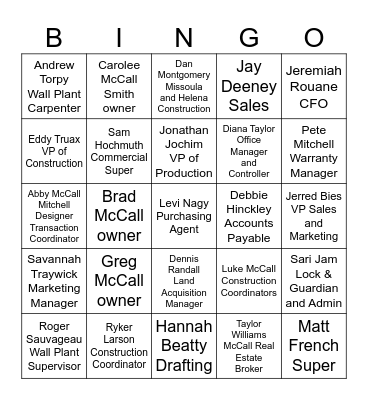 McCall Homes Team Bingo Card
