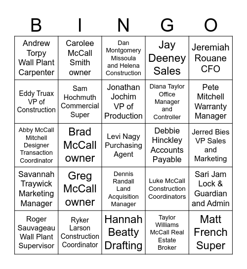 McCall Homes Team Bingo Card