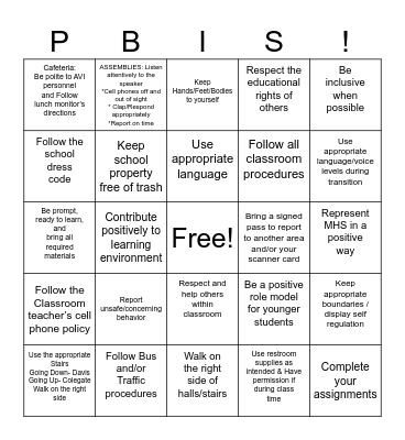 MHS PBIS Bingo Card