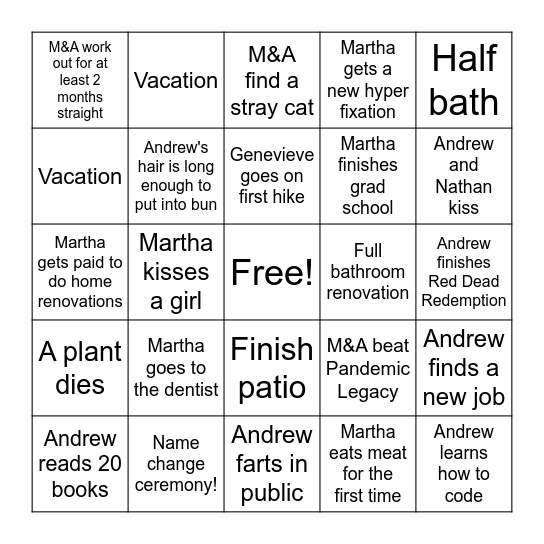 Martha & Andrew's 2024 Bingo Card