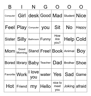 General ASL Vocab Bingo Card