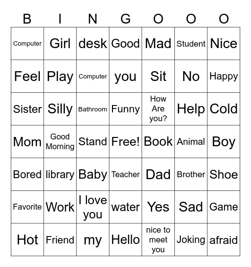General ASL Vocab Bingo Card